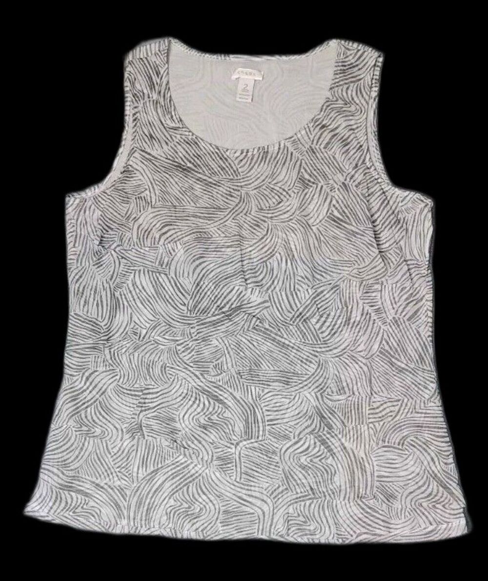 Chicos Sleeveless Ruffled Blouse Womens Size 2 White And Grey Gray Abstract... - Picture 1 of 10